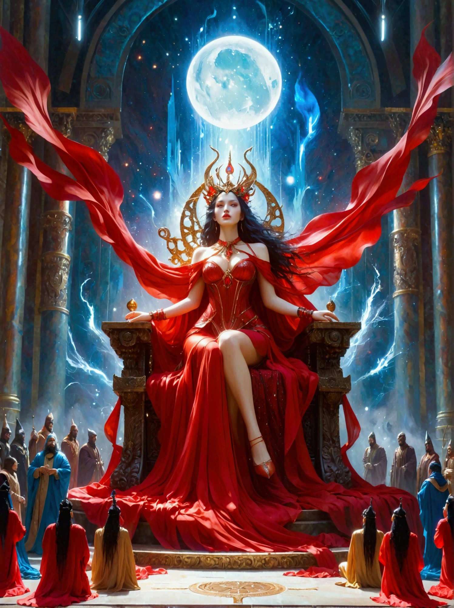 A gigantic mystical sorceress with vibrant red garments holds sway over a dystopian Earth. The relentless figure sits on an enormous throne in a grand hall, surrounded by her influential imagery and countless diminutive figures who kneel in reverence, considering her as their divine ruler.