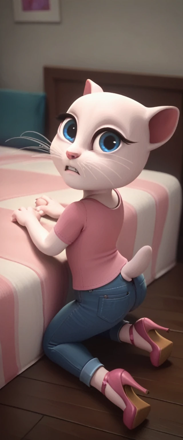solo focus, a_la, 1girl, cat, white fur, long whiskers on both sides of the face, big bright blue eyes, big black eyelashes, pink nose, triangular ears with pink channels, high heels.jeans. 1 girl and 1 boy human. side view. in bed. The man lies flat on the floor with his legs closed. Woman sits on man, anal scream, lying, at home, looking back, big penis, rape of 1 man, girl. Score_9, Score_8_up, Score_7_