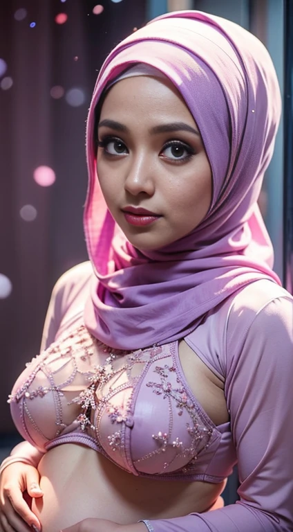 1 malay girl pregnant 9  modern plain hijab, shy, medium portrait shot , watery eyes , big eyes, pink glowing particles, wearing baju kebaya pastel light lilac, (( big breast)), lilac light bokeh background, proportional body,