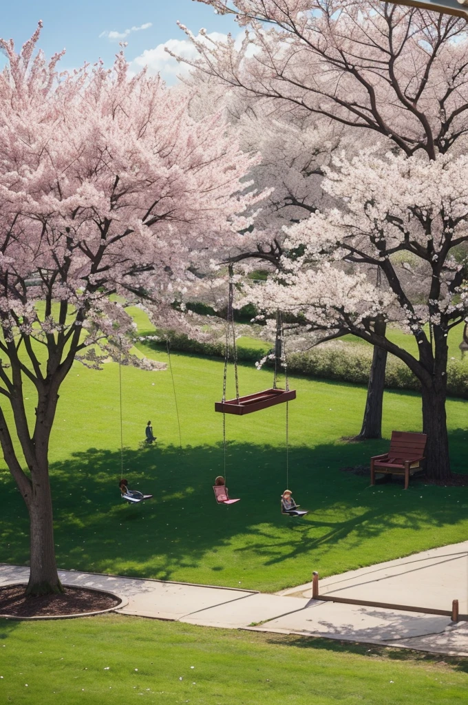 Create a park with cherry trees and swings and seesaws