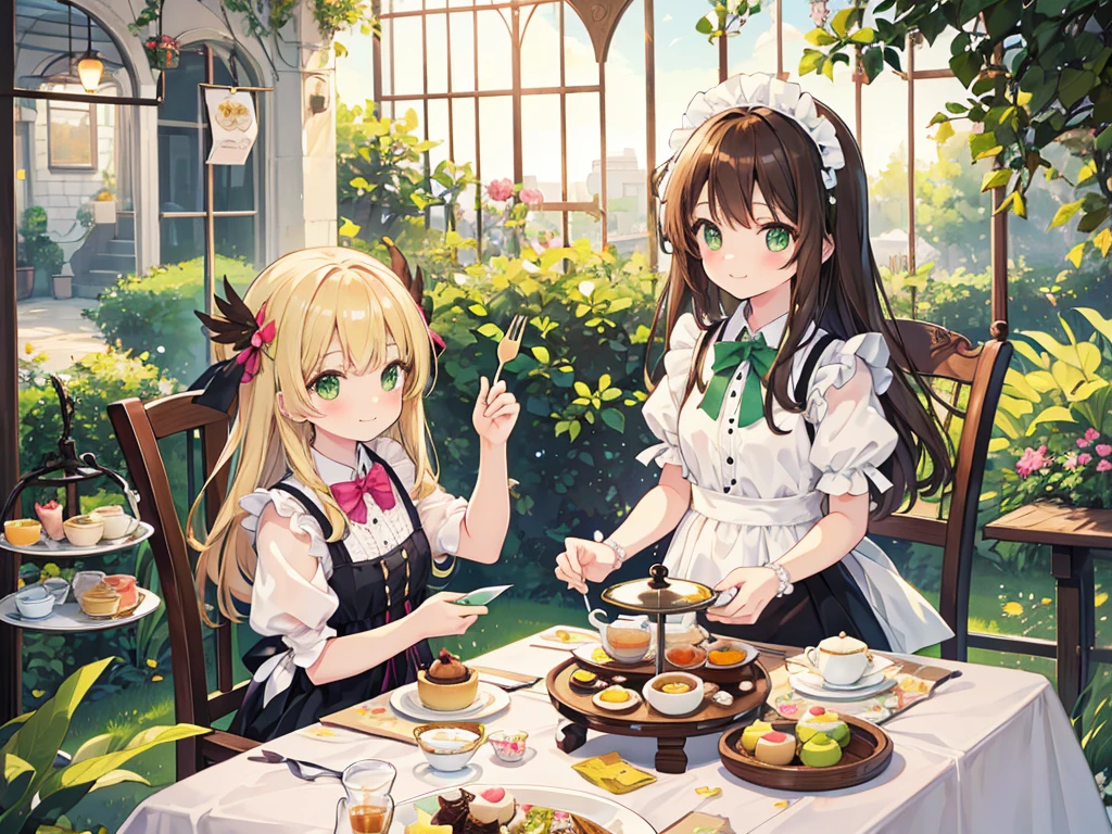 kawaii, anime, Cute, hyper quality, highly detailed, 16k, Front facing, Clarity, smile, one girl, brown long hair, green eyes, highlight on eyes, Kiwi fruit, Tea party, black tea, upper body, have a fork, Afternoon tea, Macaron, tart, fruits, full of light, prism effect, heart accessories, angel wing accessories, brown bird stuffed animal, Maid clothes, sit on a chair, sweets and tea on the table, Fruit basket, garden party, glass teapot, gardening, tea party in the garden, table cloth, golden kiwi, kiwi, prick the kiwi with a fork,