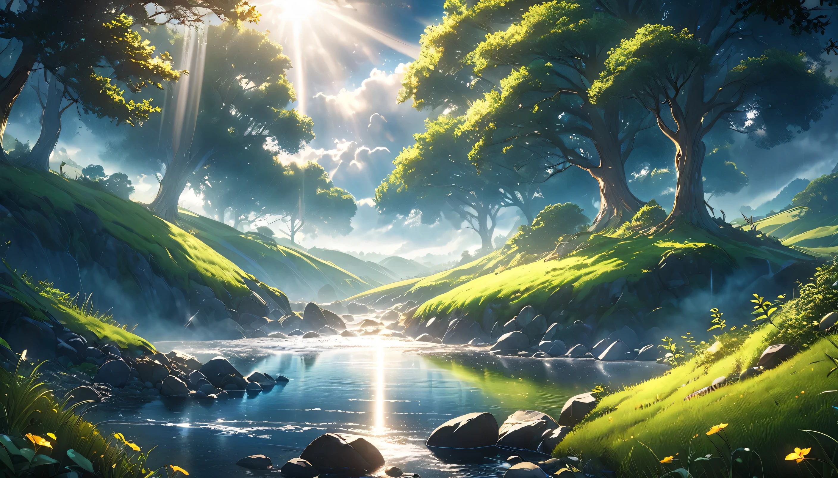 A ray of sunlight pouring down from the dark overcast sky onto the earth, anime style, (best quality,4k,8k,highres,masterpiece:1.2),ultra-detailed,(realistic,photorealistic,photo-realistic:1.37),dramatic lighting,cinematic composition,vibrant colors,stunning scenery,detailed environment,magical atmosphere,intricate details,serene landscape,ethereal mood,tranquil setting,dramatic shadows,vast open space,breathtaking vista,glowing radiance,atmospheric haze,moody tones,cinematic framing,epic scale,dramatic clouds,sunbeam shafts,vast horizon,rolling hills,lush greenery,beautiful trees,flowing water,reflections,ethereal light,mystical ambiance,fantasy elements