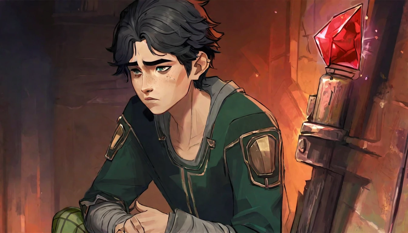 score_9, score_8_up, score_7_up, score_6_up, score_5_up, score_4_up, BREAK Best aesthetic, Arcane, beautiful, masterpiece, amazing art, 1boy, sitting right of image, side profile, holding a red crystal with index and thumb in front of him, mildly spiky black hair, grey eyes, scar on eyebrow, small smile, light to dark gradient from left to right, painterly textures, texture variation, bold outlines, black t-shirt, green pants