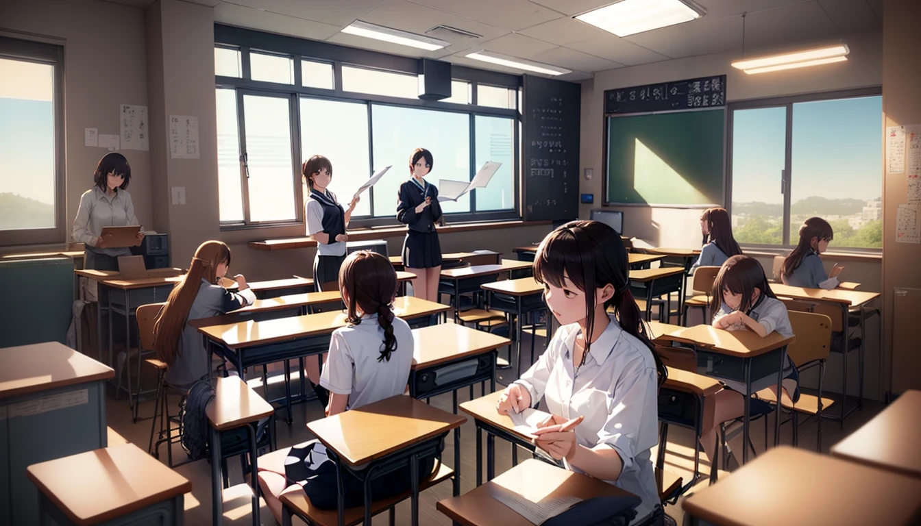 There are many girls sitting at desks in classrooms, A typical anime class, Kyoto Animation stills, Octane Rendering. by Makoto Shinkai, makoto shinkai. Octane Rendering, Visual Novel CG, Japanese High School, School Classes, sakimichan hdri, Today&#39;s featured anime is still, ( ( 3D Rendering ) ), Anime CG, Promotion still wide angle