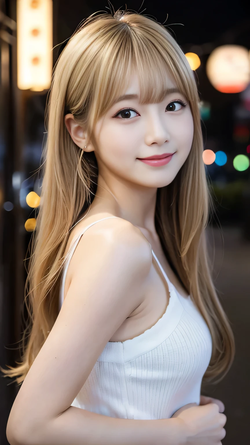 masterpiece、1 beautiful girl、Fine grain、Puffy eyes、Highest quality, 超High resolution, (reality: 1.4), Cinema Lighting、Japanese、Asian Beauty、Super Beauty、Beautiful Skin、thin、Body facing forward、(Surreal)、(High resolution)、(8K)、(Very detailed)、てFine grain)、(Super detailed)、 (wallpaper)、Detailed face、Bright lighting、Professional Lighting、View your audience、Look straight ahead、The costume is a knit dress、Long Hair, Blonde,My hair is messy, Asymmetrical bangs, 、Night view、Japan is an idol、Korean Idol、Burning idol pose、、19 years old、blonde: 3.5、smile、