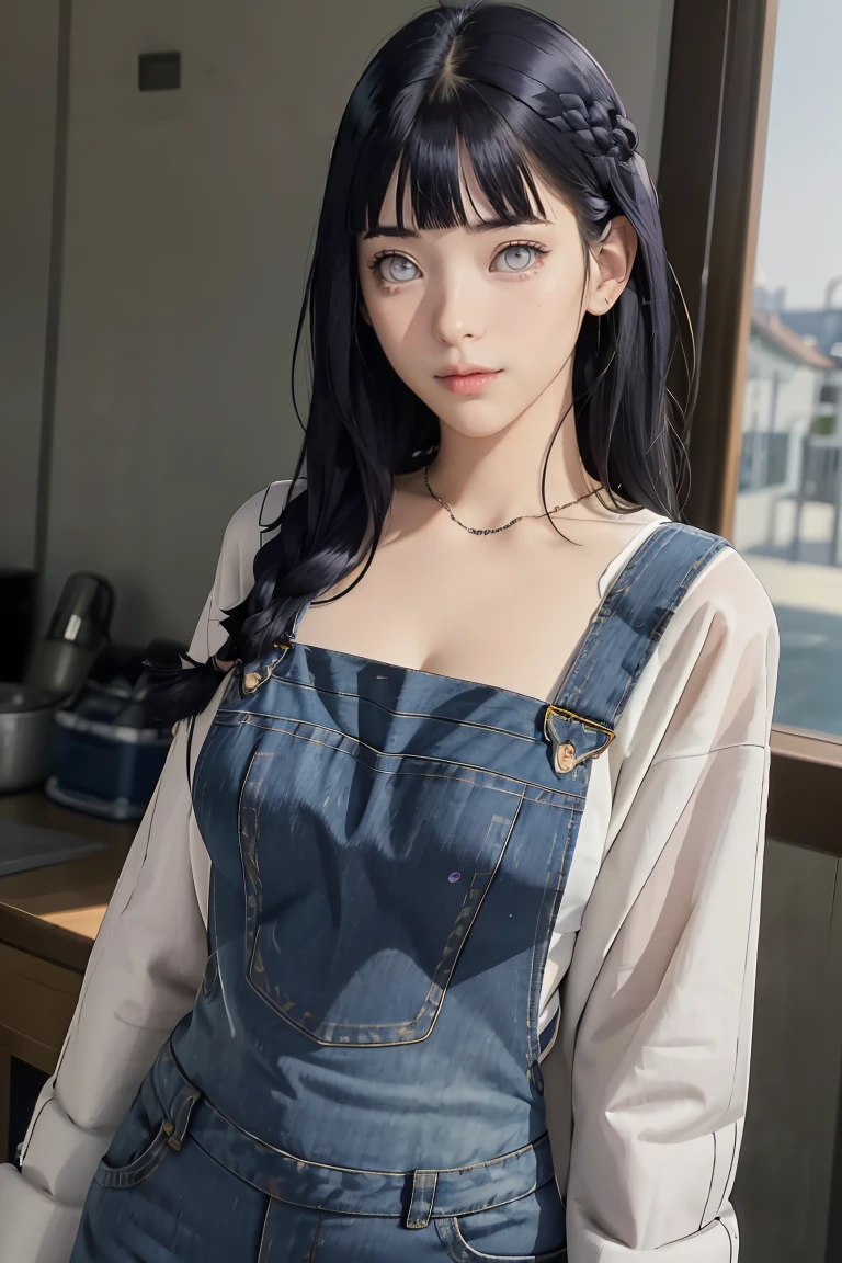 tmasterpiece, best qualityer, ultra - detailed, illustration,1girll,
long whitr hair,dark-blue hair,french braid,Purple eye,bluntbangs,cleavage,Large breasts
shirt,(jeans overalls:1.1),
mideum breasts,
looking at viewert,hyouka/(Boruto/),Detailed lips