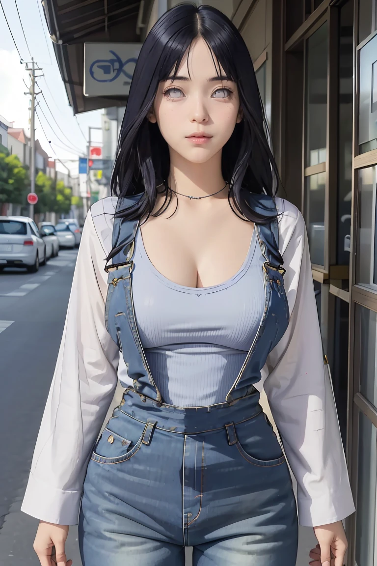 tmasterpiece， best qualityer， ultra - detailed， illustration，1girll，
long whitr hair，dark-blue hair，french braid，Purple eye，bluntbangs，cleavage，Large breasts
shirt，（jeans overalls：1.1），
mideum breasts， 
looking at viewert，hyouka/（Boruto/），Detailed lips