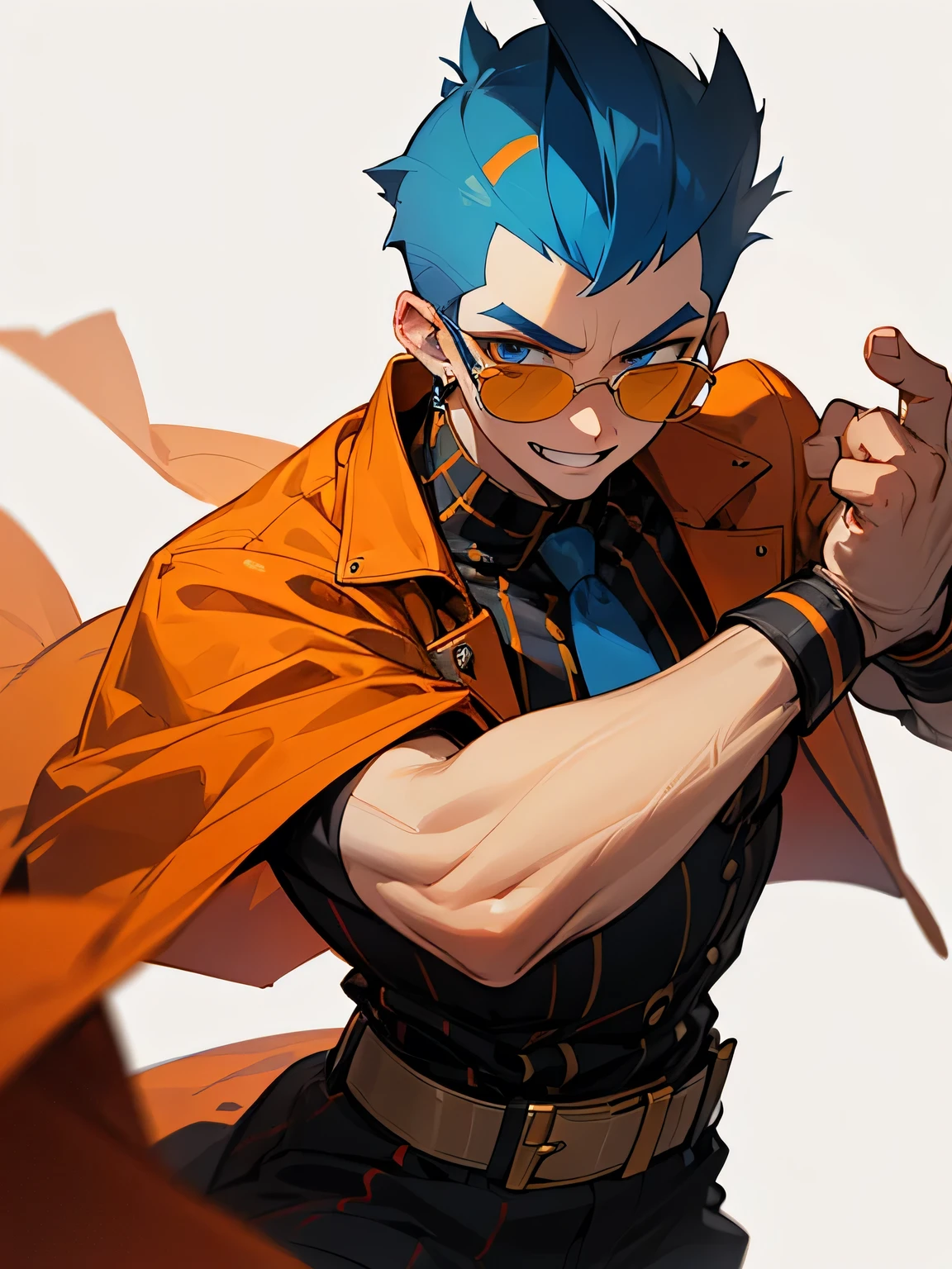 solo,looking at viewer,1boy,orange soft Mohawk haircut ,buzz cut,no bangs,big forehead,male's eyes, male's nose, male's mouth,handsome face,under rim colorglasses, manly, grin,plaids pattern clothe,(model fighting pose),white simple background、mens earrings