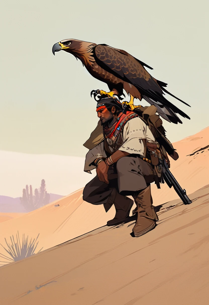 score_9, score_8_up, score_7_up, score_6_up, score_5_up, score_4_up, 1man, Western, far away, Wild West, red dead Redemption, cartoon art style, Hunting, desert, Nightfall, Indigenous, Solo, Bow, Hunter, Thong, Indian Makeup, Wild, Eagle, No clothes, Crouching, stealthy, long straight hair