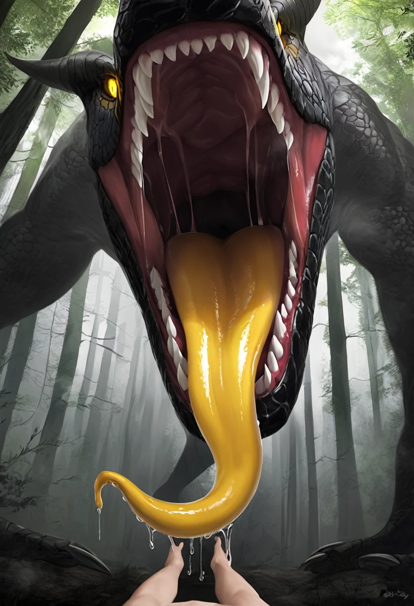 Dragon.Wild.Sharp teeth.Huge body.Approached.黒いmouth.Slimy Throat.Bright throat.scales. A slimy tongue licks me. mouth.Get on your tongue.Physical Difference.naked.Human first person perspective.Closing Arms.Stretch out one hand.A big tongue wraps around my arm.Dripping saliva.Evil yellow eyes staring.mouthが近づいてくる.Swallowed Whole.prey.Hot breath.差し迫ったSwallowed Whole.drool dripping. Shadows Spread.Hot breath.fog.A terrifying growl. Enveloped in darkness.Touching the tongue.Uplifting.forest.nature.Realistic.sense of distance.詳細なmouth内.(masterpiece.Highest quality.)