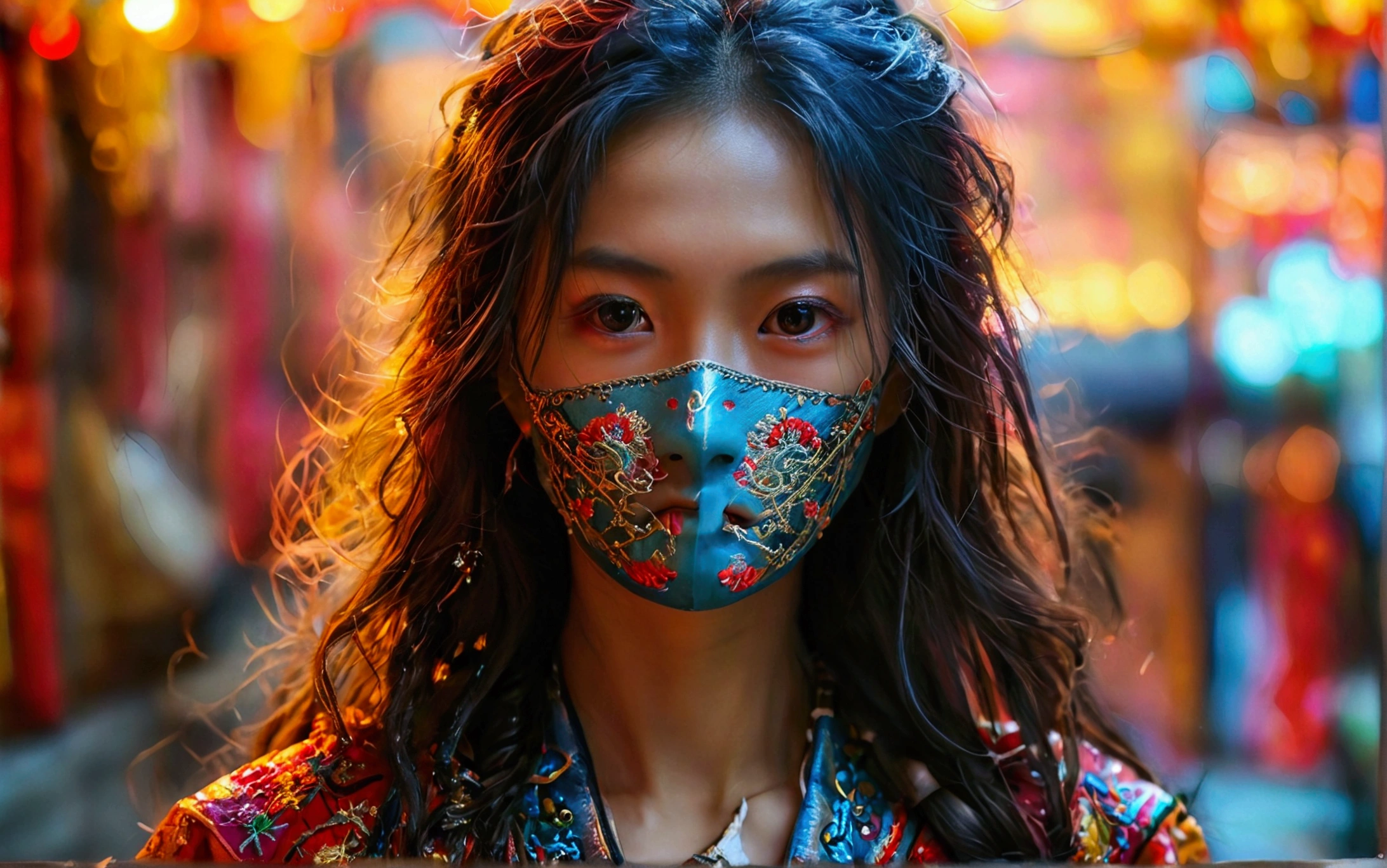 ((original photography:1.2))，Photographed by mobile phone，RAW photos,Night view of Beijing，violent storm，1 Girl, Perfect body，Full body portrait，Fashion的头发, Very long hair, delicate eyes, Side Light, Sweating，With a mask, huge collar，Medium breasts，Fashion的民族服飾，(intricate ethnic costumes、Colorful、embroidery、stripe、pattern、Fashion、Hollow)，Long slender legs