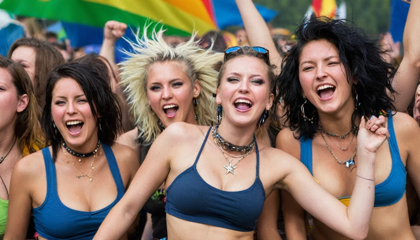 A vibrant and energetic group of young German women, all flaunting their rebellious spirit and love for heavy metal, standing front row at a pulsing, sun-drenched festival stage. The crowd behind them is a sea of bobbing heads and raised fists, a testament to the electrifying performance unfolding. Each woman is clad in a band-shirt tank top that clings to their fit bodies, the fabric stretched taut over their breasts, displaying an assortment of edgy logos and artwork that mirrors the intense vibe of the event. Their shorts are barely there, leaving their toned legs and thighs exposed, with some flashing tattoos peeking out from beneath the hems. They are the epitome of metal brats - a playful yet assertive bunch, with mischievous smiles that hint at the fun they're having. In a bold act of exuberance and camaraderie, one of the girls has climbed onto her friend's shoulders, her hands planted firmly on her head, as she flashes her bare breasts to the crowd and the camera below. The other women cheer her on, some playfully mimicking the gesture with their own tops pulled down, exposing their own perky breasts and pierced nipples. The air is thick with the scent of sunscreen, sweat, and beer, and the sun glints off the shiny metal of their accessories. Their hair, a mix of natural and neon colors, flows freely around their faces or is tied back in messy buns, displaying the occasional face piercing. The scene is a celebration of freedom, sexuality, and the power of music, with each topless beauty an embodiment of the wild, uninhibited spirit that fuels the heart of the festival.