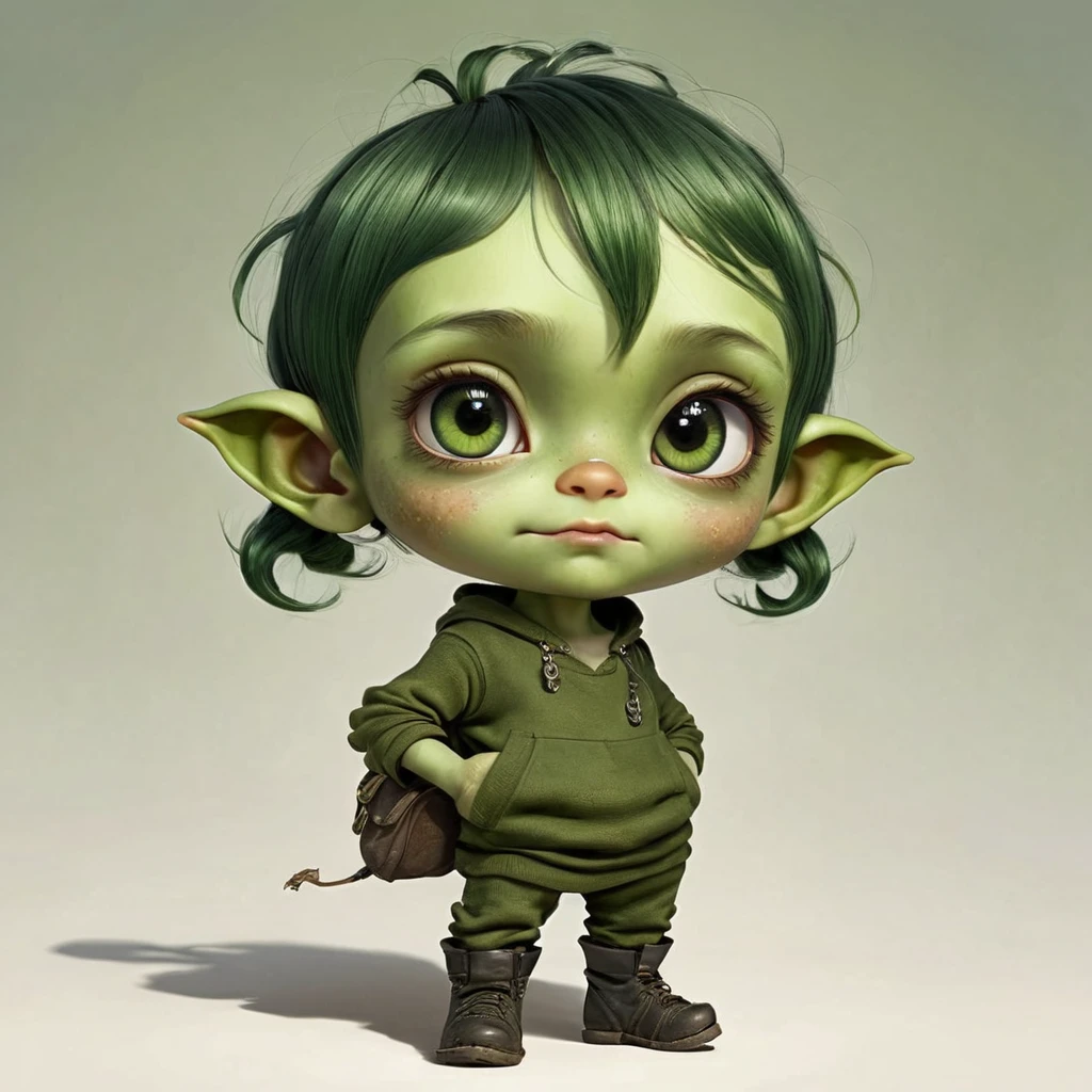 goblin human cross Age: 4 year old Appearance: Tiny with olive-green skin and dark green hair often