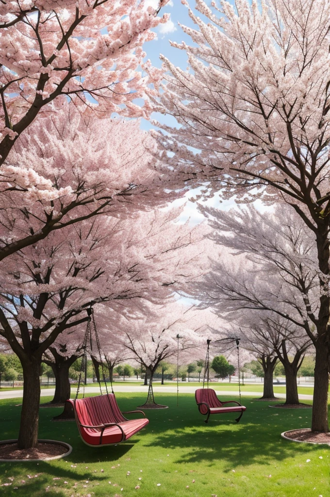 Create a park with cherry trees and swings