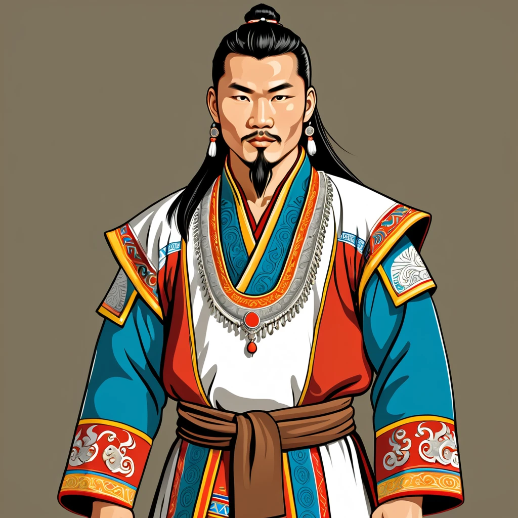 man in mongolian folk outfit, vector graphics, strong contours
