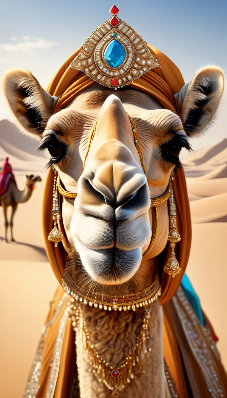Desert Princess, Masterpiece, high resolution, Realistic, Detailed Description, Camel decorated with a tiara and royal attire, smiling proudly with long lashes down, Focus on the camel's face, In the background, a smiling Arab royal girl watches over the camels., Surrounded by the royal family's retainers, Royal palace in the desert