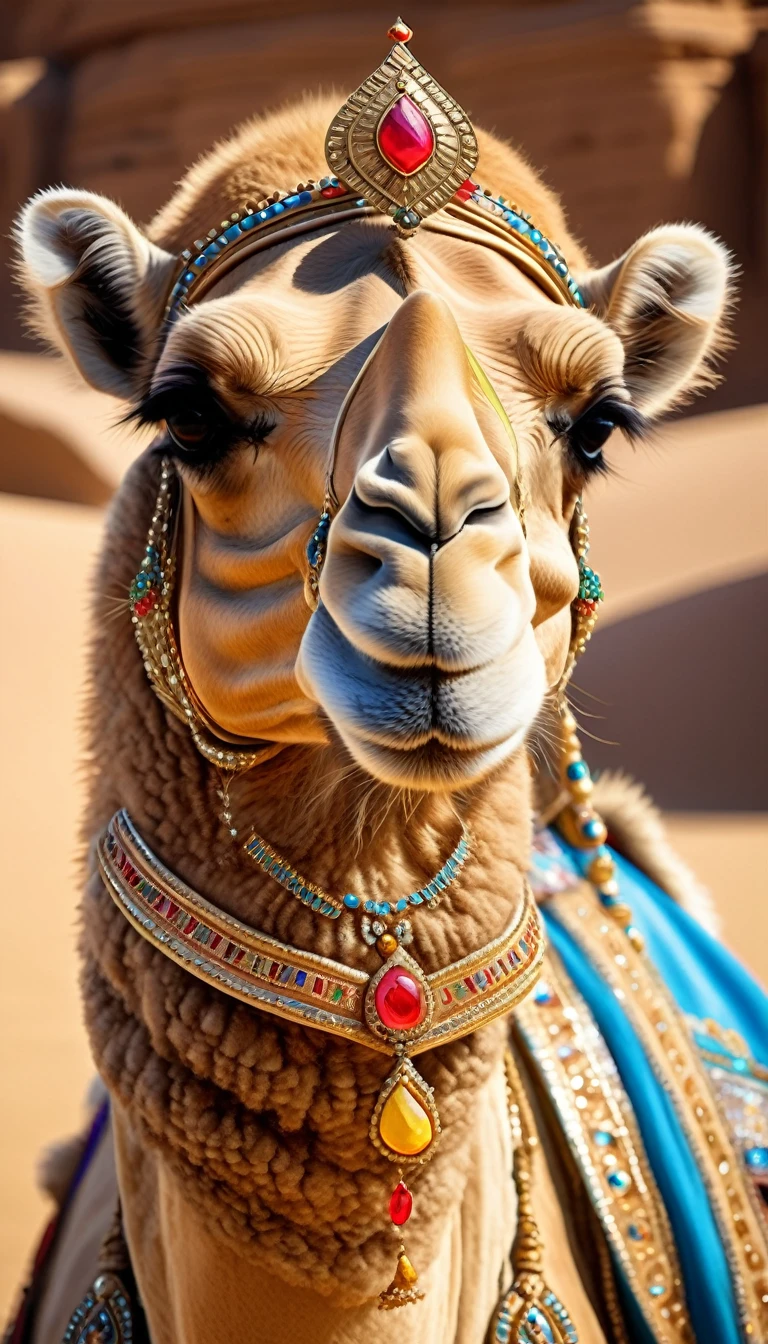 Desert Princess, Masterpiece, high resolution, Realistic, Detailed Description, Camel decorated with a tiara and royal attire, smiling proudly with long lashes down, Focus on the camel&#39;s face, In the background, a smiling Arab royal girl watches over the camels., Surrounded by the royal family&#39;s retainers, Royal palace in the desert