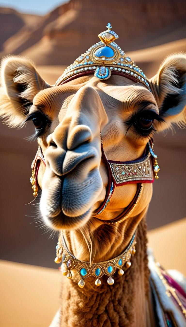 Desert Princess, Masterpiece, high resolution, Realistic, Detailed Description, Camel decorated with a tiara and royal attire, smiling proudly with long lashes down, Focus on the camel's face, In the background, a smiling Arab royal girl watches over the camels., Surrounded by the royal family's retainers, Royal palace in the desert