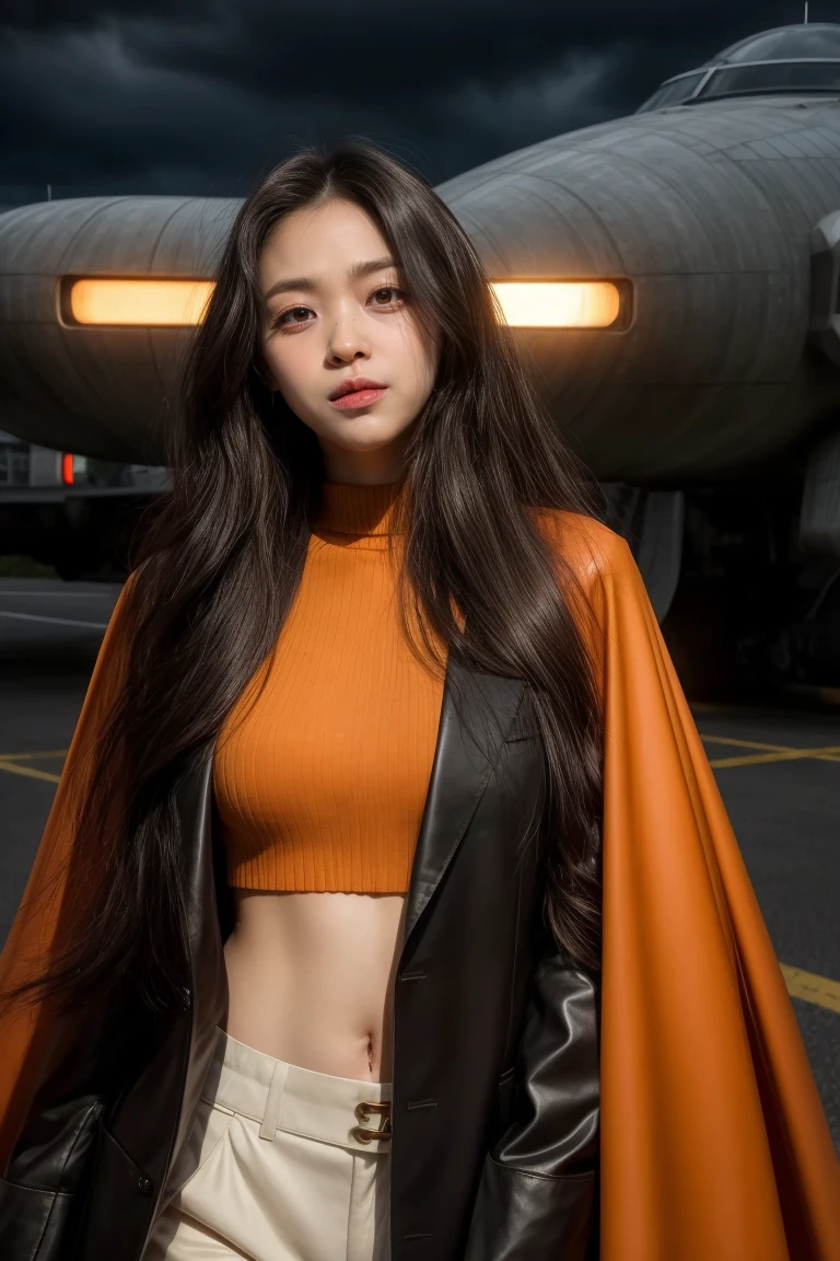 long black-haired white -yeld giwear military suit, orange cape, big hazel eyes, sci-fi, dark mood, charturnerv2