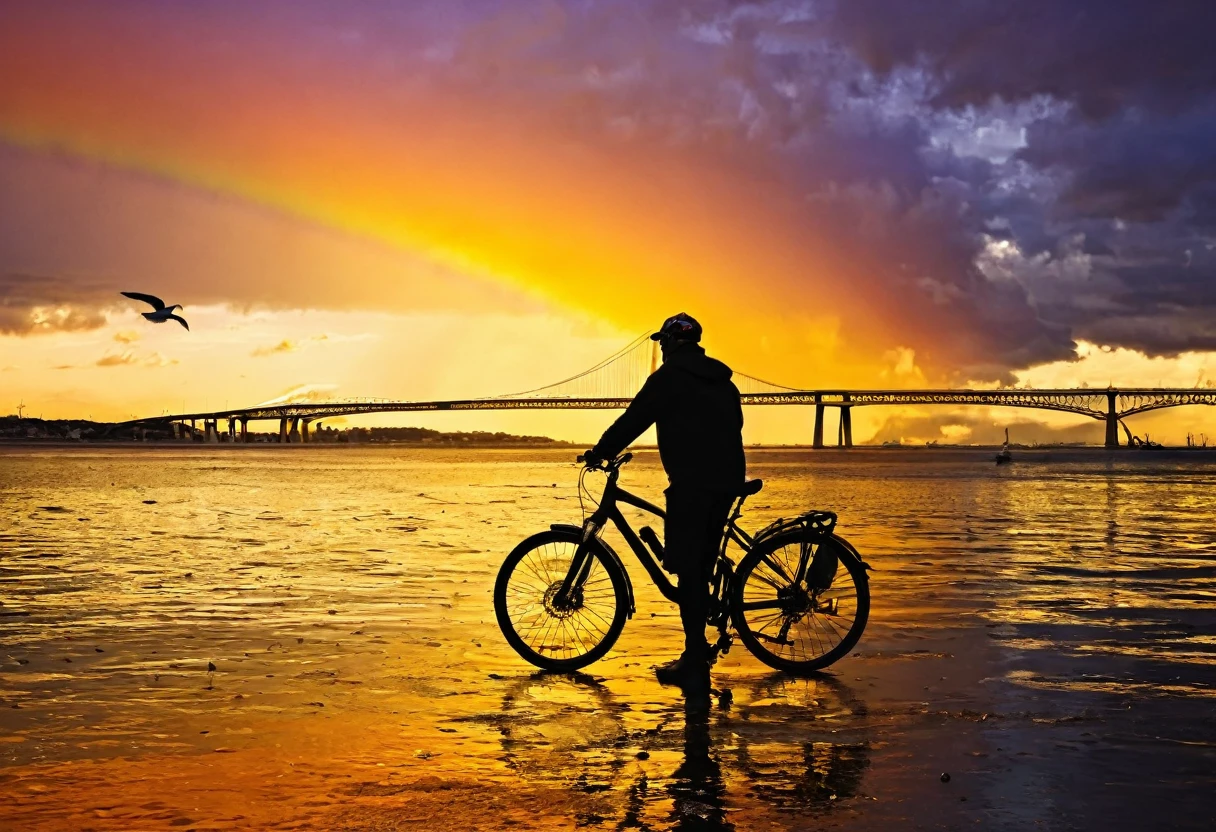 Sea,Sunset,Water surface gold,Sea surface,raw,Silhouette,uhd,,Bridge,Seagull,Clouds,bike,rainbow