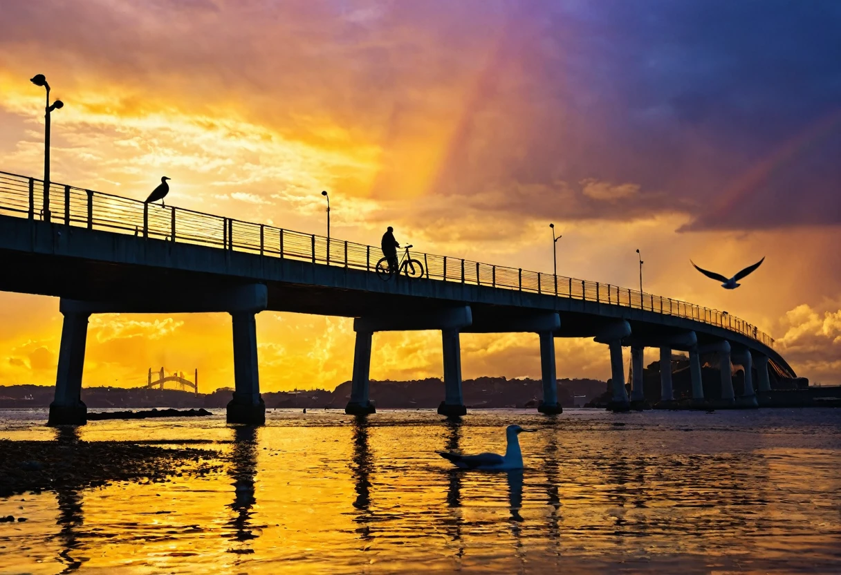 Sea，Sunset，Water surface gold，Sea surface，raw，Silhouette，uhd，，Bridge，Seagull，Clouds，bike，rainbow
