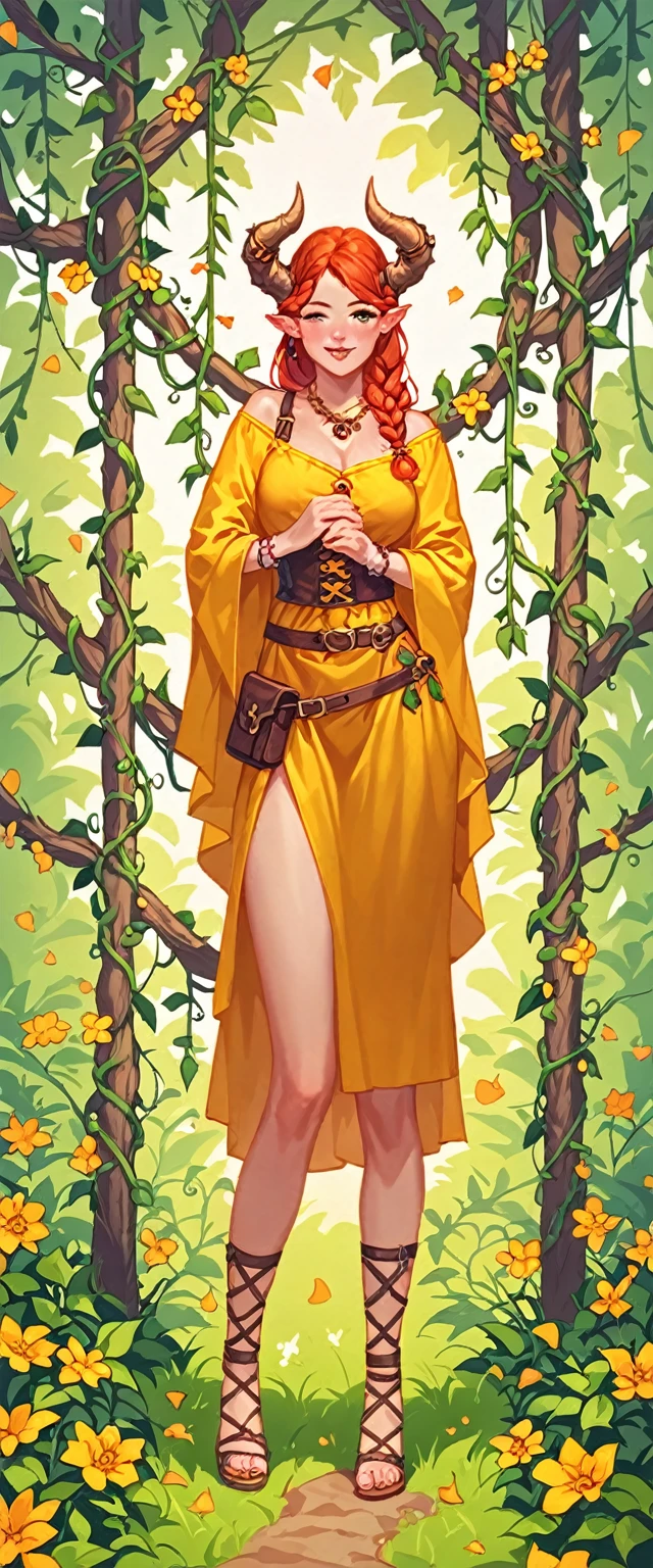 score_9, score_8_up, score_7_up, score_6_up, score_5_up, score_4_up, BREAK source_anime, yellow medieval summer girl, concept, vines on the hand and horns from vines, full body