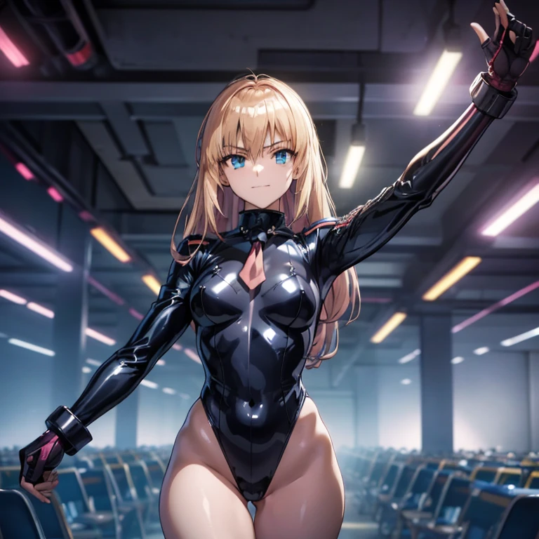 Very detailedな, Explicit, Beautiful body, Beautiful Nose, Beautiful character design, Perfect Eyes, Perfect Face, Ultra-high resolution, 4K, Beautiful legs, Perfect Legs, Nice hands, Perfect hands, masterpiece, Highest quality, Very detailed, shape, Confused, Street Fighter, Doll Suit, シャドルー人shape, Doll Suit, Expressionless, Hollow Eyes, Looking at the audience, Red gloves, emotionless, black latex, corruption, Mind control, Female Fighter, whole body, Hypnosisにかかった, Unfortunate trance, whole body suit, ribbed bodysuit, Place your arms at your sides, Follow, Perfect female body, extremely glossy latex, Hypnosis, Hypno Lola, Hollow Eyes, Mind control装置, stop temporarilys, Obedient_stop temporarily, slave, have, tie, Are standing, Are standing up straight, 注意してAre standing, have, yellow tie, belt, latex, ribbed bodysuit, Knee socks, garter belt, Preparing for battle, Extend your right arm from your shoulder、Stretch your hands in the air., military, Thigh-high boots, alone, Classroom of the Elite, ichinose honami, Pink blonde hair, blue eyes, Long Hair, Big Breasts, Wicked Smile, With an Wicked Smile, A glittering and flashy cyberpunk night view、