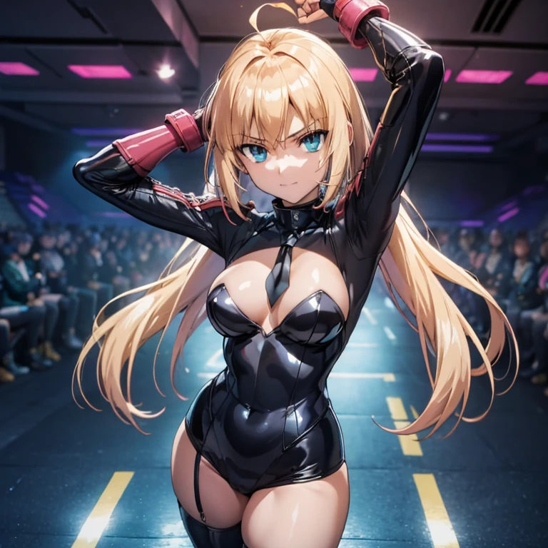 Very detailedな, , Beautiful body, Beautiful Nose, Beautiful character design, Perfect Eyes, Perfect Face, Ultra-high resolution, 4K, Beautiful legs, Perfect Legs, Nice hands, Perfect hands, masterpiece, Highest quality, Very detailed, shape, Confused, Street Fighter, Doll Suit, シャドルー人shape, Doll Suit, Expressionless, Hollow Eyes, Looking at the audience, Red gloves, emotionless, black latex, corruption, Mind control, Female Fighter, whole body, Hypnosisにかかった, Unfortunate trance, whole body suit, ribbed bodysuit, Place your arms at your sides, Follow, Perfect female body, extremely glossy latex, Hypnosis, Hypno Lola, Hollow Eyes, Mind control装置, stop temporarilys, Obedient_stop temporarily, slave, htie, Are standing, Are standing up straight, 注意してAre standing, have, yellow tie, belt, latex, ribbed bodysuit, Knee socks, garter belt, Preparing for battle, Extend your right arm from your shoulder、Stretch your hands in the air., military, Thigh-high boots, alone, Classroom of the Elite, ichinose honami, Pink blonde hair, blue eyes, Long Hair, Big Breasts, Wicked Smile, With an Wicked Smile, A glittering and flashy cyberpunk night view、
