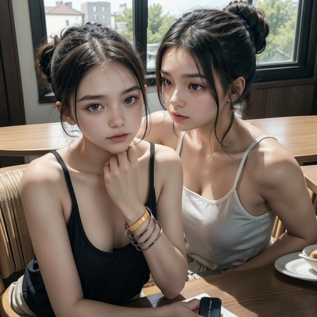 ((best qualityer)), ((work of art)), (detailded), ((1girl)), 18-years old, ((white skin)), black eyes,black wavy hair,sitting at the dining table, having breakfast, hair tied up in a ponytail, sleepy face, perfect body, light coming in from the window, luminous face, wearing a blue tank top, wearing light shorts, smartwatch on the right wrist on the table.