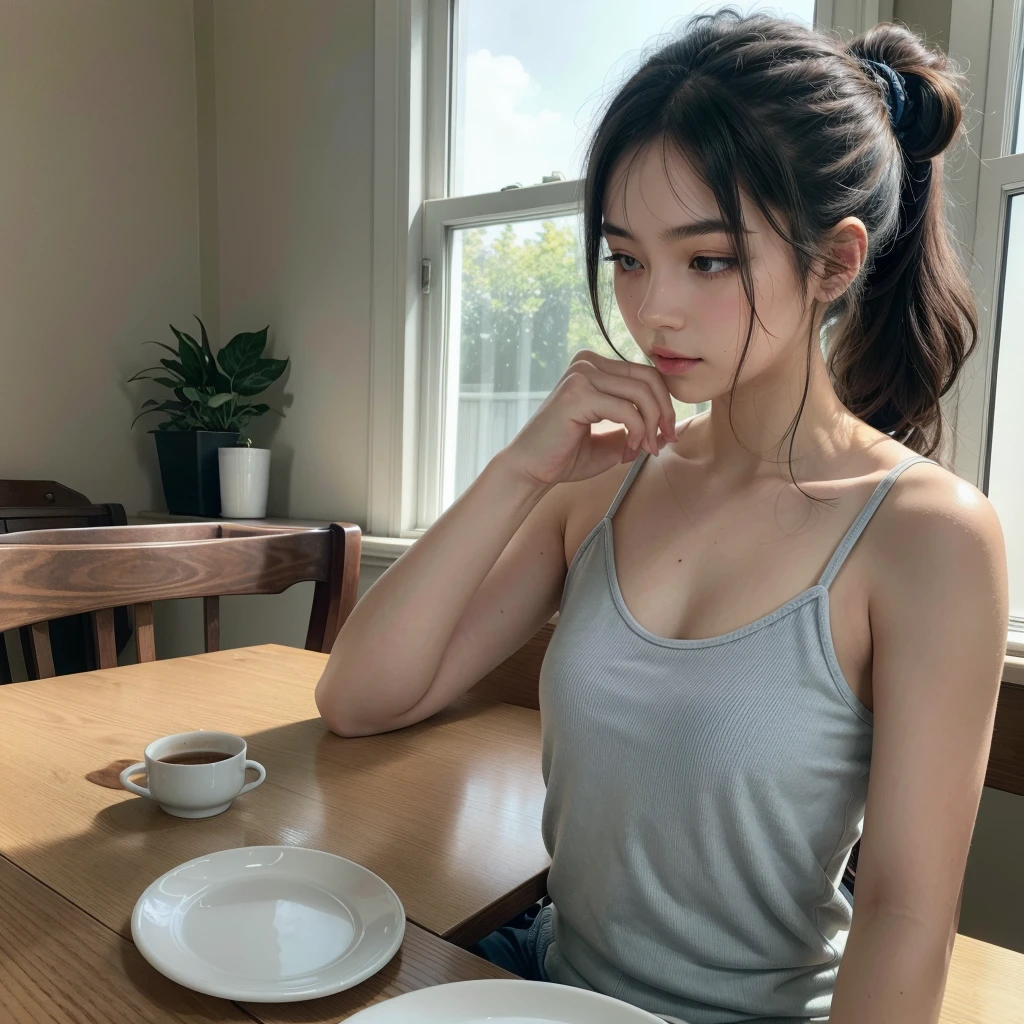 ((best qualityer)), ((work of art)), (detailded), ((1girl)), 18-years old, ((white skin)), black eyes,black wavy hair,sitting at the dining table, having breakfast, hair tied up in a ponytail, sleepy face, perfect body, light coming in from the window, luminous face, wearing a blue tank top, wearing light shorts, smartwatch on the right wrist on the table.