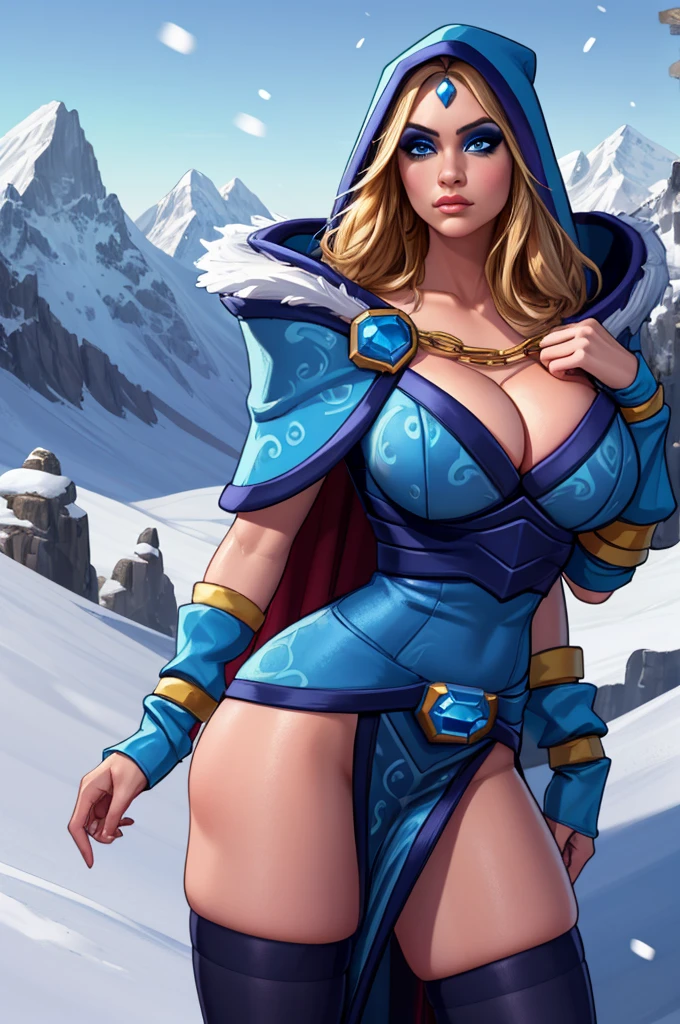 (masterpiece, best quality:1.2), solo, 1girl, crystalmaiden, makeup, serious, looking at viewer, standing, blue dress, hood, fur trim, blue cape, pelvic curtain, arm warmers, black thighhighs, jewelry, cleavage, outdoors, snowing, mountain 