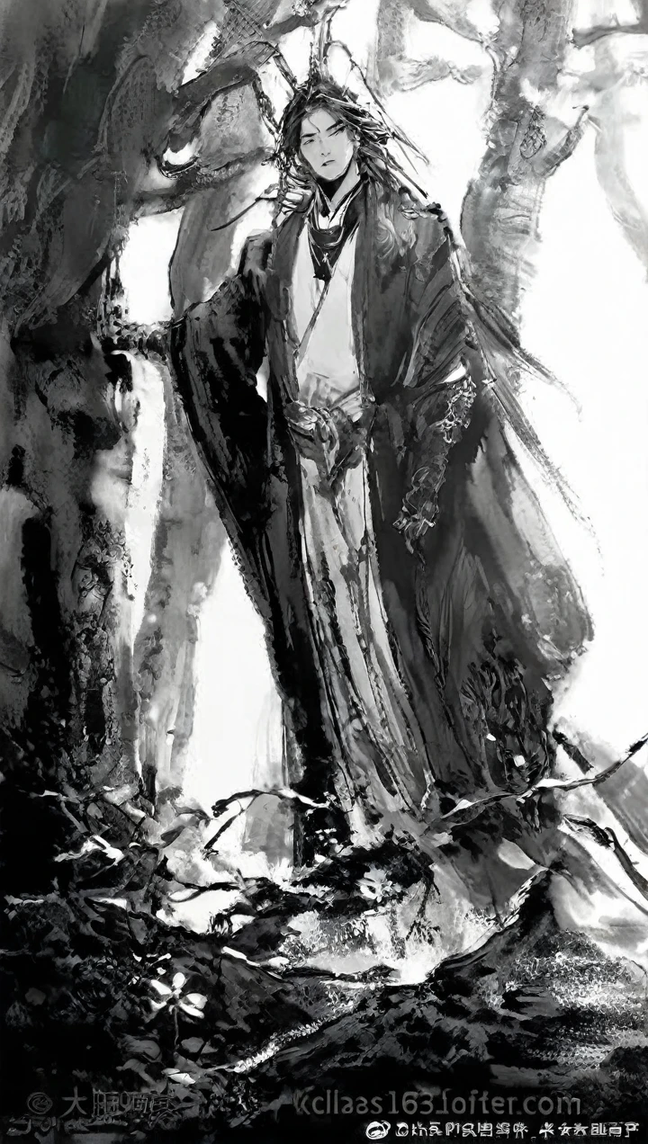 Movie light, fashion, top light, close-up, close-up, spotlight, hazy, Chen family cold, ink portrait, Kuroo frome Haikyuu, gorgeous clothing,Beautiful and luxurious clothes,Line Art,Chinese ink ,Chinese ink