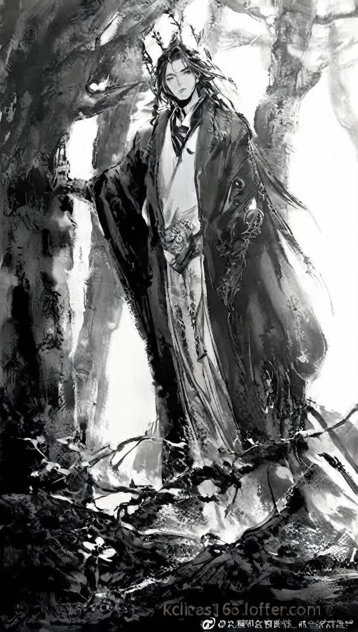 Movie light, fashion, top light, close-up, close-up, spotlight, hazy, Chen family cold, ink portrait, Kuroo frome Haikyuu, gorgeous clothing,Beautiful and luxurious clothes,Line Art,Chinese ink ,Chinese ink