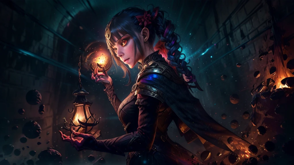 ((Close-up portrait of a girl with iridescent red eyes)), Violet luminous rays, dark fantasy portrait, Portrait in profile, realistic 4k digital art, realistic 4k digital art, dark fantasy portrait, Dark Fantasy Digital Art, (Dark), But detailed digital art, sexy girl with iridescent red eyes, ((Gloomy color scheme:1,5)), 4k detailed digital art, redglowing eyes, (A very dark room, little light, Low visibility)). (Strong shadow:1,6). twilight. mage, character desing, impressive dress, combate dress