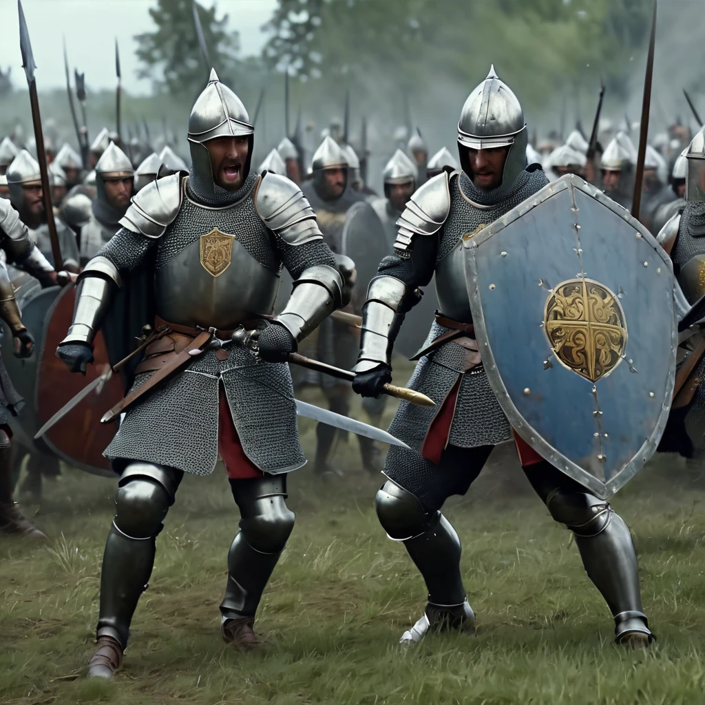in an epic, medieval and realistic battle image in high definition, 64k, detailed armor, the best image, perfect, minute details, armor, detailed shields, realistic men, a great battle, lots of action the following text "CINEMATIC PULSING BATTLE"