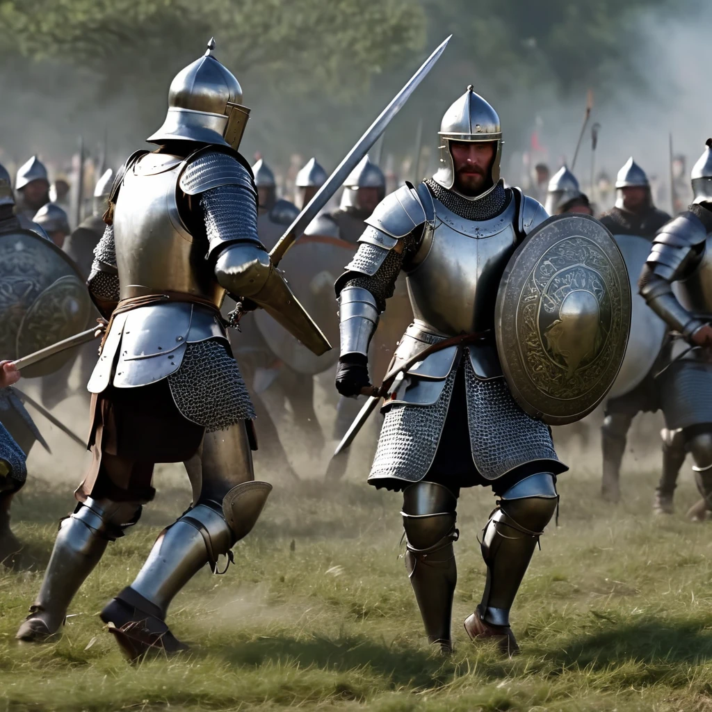 in an epic, medieval and realistic battle image in high definition, 64k, detailed armor, the best image, perfect, minute details, armor, detailed shields, realistic men, a great battle, lots of action the following text "CINEMATIC PULSING BATTLE"