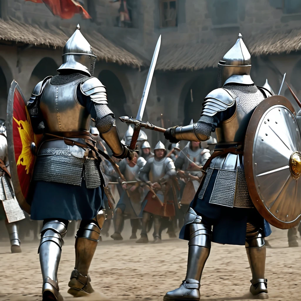in an epic, medieval and realistic battle image in high definition, 64k, detailed armor, the best image, perfect, minute details, armor, detailed shields, realistic men, a great battle, lots of action the following text "CINEMATIC PULSING BATTLE"