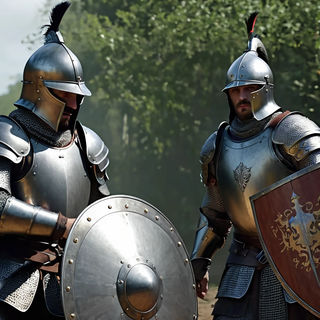 in an epic, medieval and realistic battle image in high definition, 64k, detailed armor, the best image, perfect, minute details, armor, detailed shields, realistic men, a great battle, lots of action the following text "CINEMATIC PULSING BATTLE"
