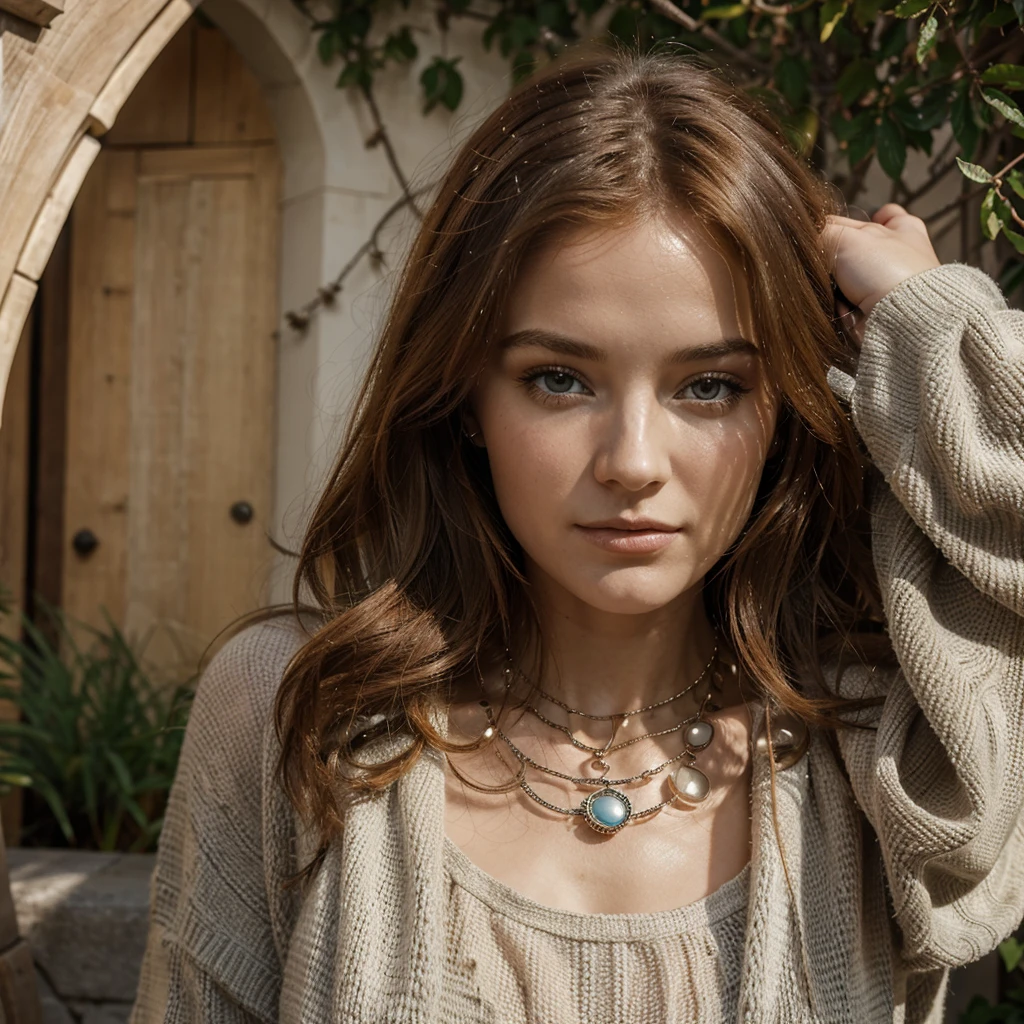 Génère moi la plus belle femme rousse du monde avec un visage ultra réaliste et ultra détaillé , une tenue d’été très original tres moderne et très belle , des bijoux luxueux des plus grandes marques de bijoux ainsi que des accessoires ceintures …. De la marque Gucci avec un fond d’un paysage de nature