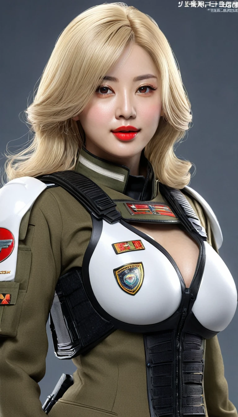 (((Ultra-realistic)))、(((Ultra-futuristic female soldier)))、Beautiful female soldier High definition Realistic (((mature blonde girl)))、(((Breasts) big)))、Smooth skin、超High resolution、Realistic、Full figure、smile、Beautiful middle-aged woman、Beautiful female soldier 、Beautiful brown eyes、Long flowing hair 、Very delicate and smooth skin、35Former female soldier、(A very futuristic command center.)、 Female soldier、(((Large chest)))、Bright red lips、(Wearing a suit fight), ((panoramic shot of girl from head to toe))