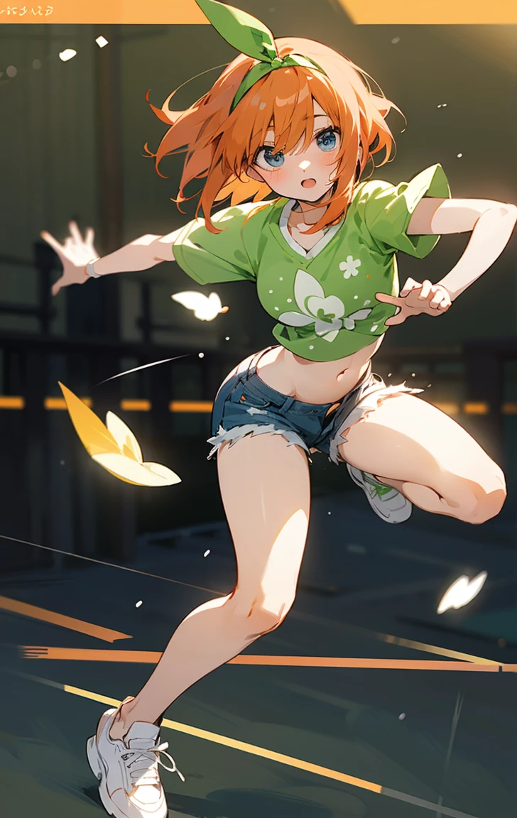 yotsuba Nakano, Official art、Beautifully Aesthetic:1.2)、patterns、Hair spreads throughout、4k, excellent quality, Ultra Detail, Soft Light, Deep Focus Bokeh, Ray Tracing, --niji 5. Nakano yotsuba from the quintessential quintuplets, yotsuba Nakano, short orange hair, blue eyes, nakano_yotsuba, , green ribbon,, splendid, iridescent, dynamic pose, moving, excellent character design, full body pose, full body, full body shot, perfect face, neat, clean, perfect definition aayotsuba, short hair,bangs,hair between eyes, (casual outfit), jeans shorts, crop top, sneakers, cute casual outfit