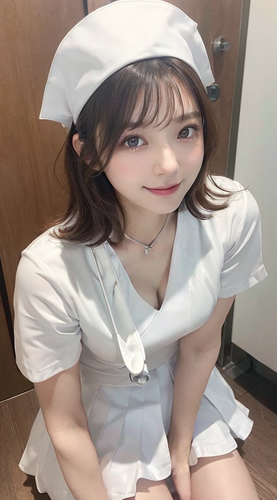 Innocent 14 year old girl,Colossal :1.2,cleavage of the breast:1.2、(pantyshot:1.3) (White nurse uniform:1.5),( White short skirt:1.5),(White nurse cap:1.5),(White Nurse Pump:1.5), (Squatting:1.3)、Angle:1.2、(Hands down:1.5)、The background is a hospital room、Smile,short-cut、Raw photo, (8K、top-quality、masterpiece:1.2)、(intricate detailes:1.4)、(Photorealsitic:1.4)、octane renderings、Complex 3D rendering ultra detail, Studio Soft Light, Rim Lights, vibrant detail, super detailing, realistic skin textures, Detail Face, Beautiful detail eyes, Very detailed CG Unity 16k wallpaper, make - up, (detailedbackground:1.2), shinny skin, Full body,Squat down and bend your knees