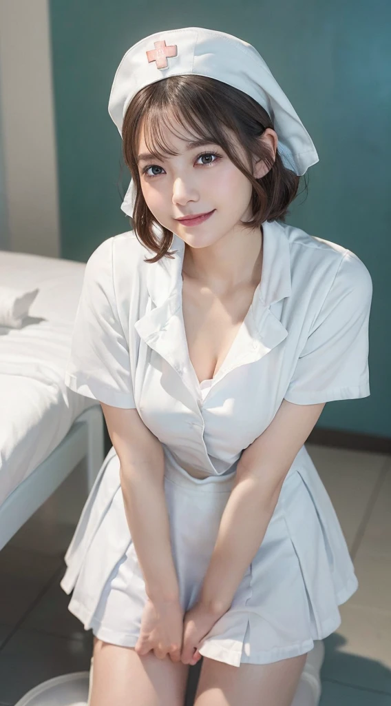 Innocent 14 year old girl,Colossal :1.2,cleavage of the breast:1.2、(pantyshot:1.3) (White nurse uniform:1.5),( White short skirt:1.5),(White nurse cap:1.5),(White Nurse Pump:1.5), (Squatting:1.3)、Angle:1.2、(Hands down:1.5)、The background is a hospital room、Smile,short-cut、Raw photo, (8K、top-quality、masterpiece:1.2)、(intricate detailes:1.4)、(Photorealsitic:1.4)、octane renderings、Complex 3D rendering ultra detail, Studio Soft Light, Rim Lights, vibrant detail, super detailing, realistic skin textures, Detail Face, Beautiful detail eyes, Very detailed CG Unity 16k wallpaper, make - up, (detailedbackground:1.2), shinny skin, Full body,Squat down and bend your knees