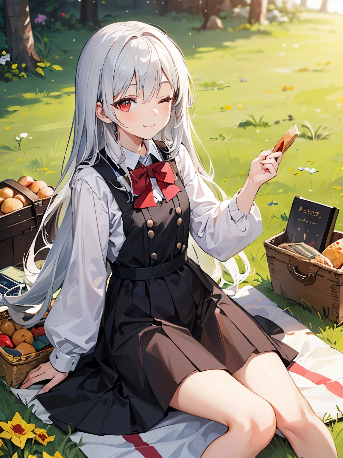 Silver hair, red eyes, young, short, cute, grassland, sitting on the ground, long hair, younger sister, smiling, eyes closed, magic, book, picnic sheet, basket, sandwich, lunch 