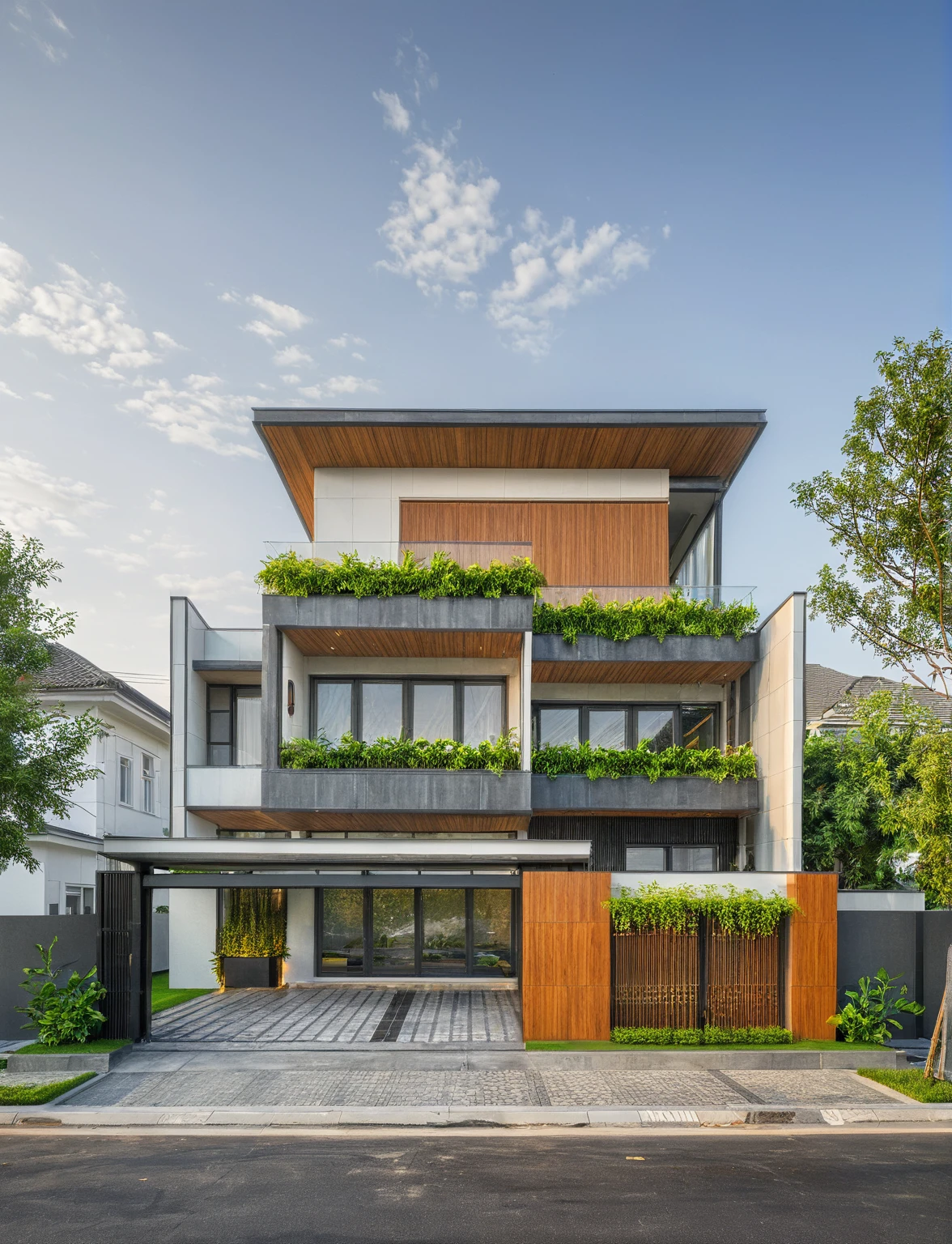 modern villa on street, (daylight), tropical tree, green shrub and plants, vivid color, streetcapes, minimalist design, brigth grey tone, large glass door, warm interior lighting, modern material, best quality, ultra realistic, masterpiece, 17ArchiAI_XL_VL-v1