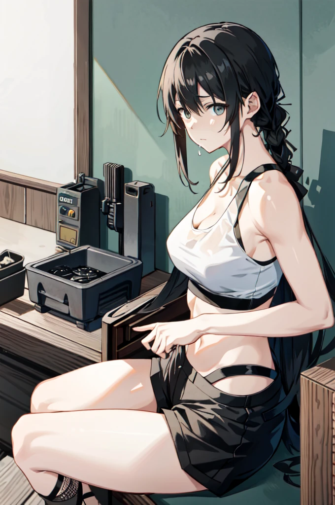 a woman in a white tank top and black shorts, yoki shinkawa, by Nagasawa Rosetsu, girls frontline cg, range murata, muscular sweat lara croft, ayamin kojima, rei hiroe black lagoon manga, by Takeuchi Seihō, mai yoneyama, realistic anime style at pixiv, from girls frontline