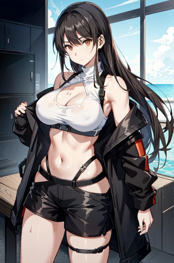 a woman in a white tank top and black shorts, yoki shinkawa, by Nagasawa Rosetsu, girls frontline cg, range murata, muscular sweat lara croft, ayamin kojima, rei hiroe black lagoon manga, by Takeuchi Seihō, mai yoneyama, realistic anime style at pixiv, from girls frontline