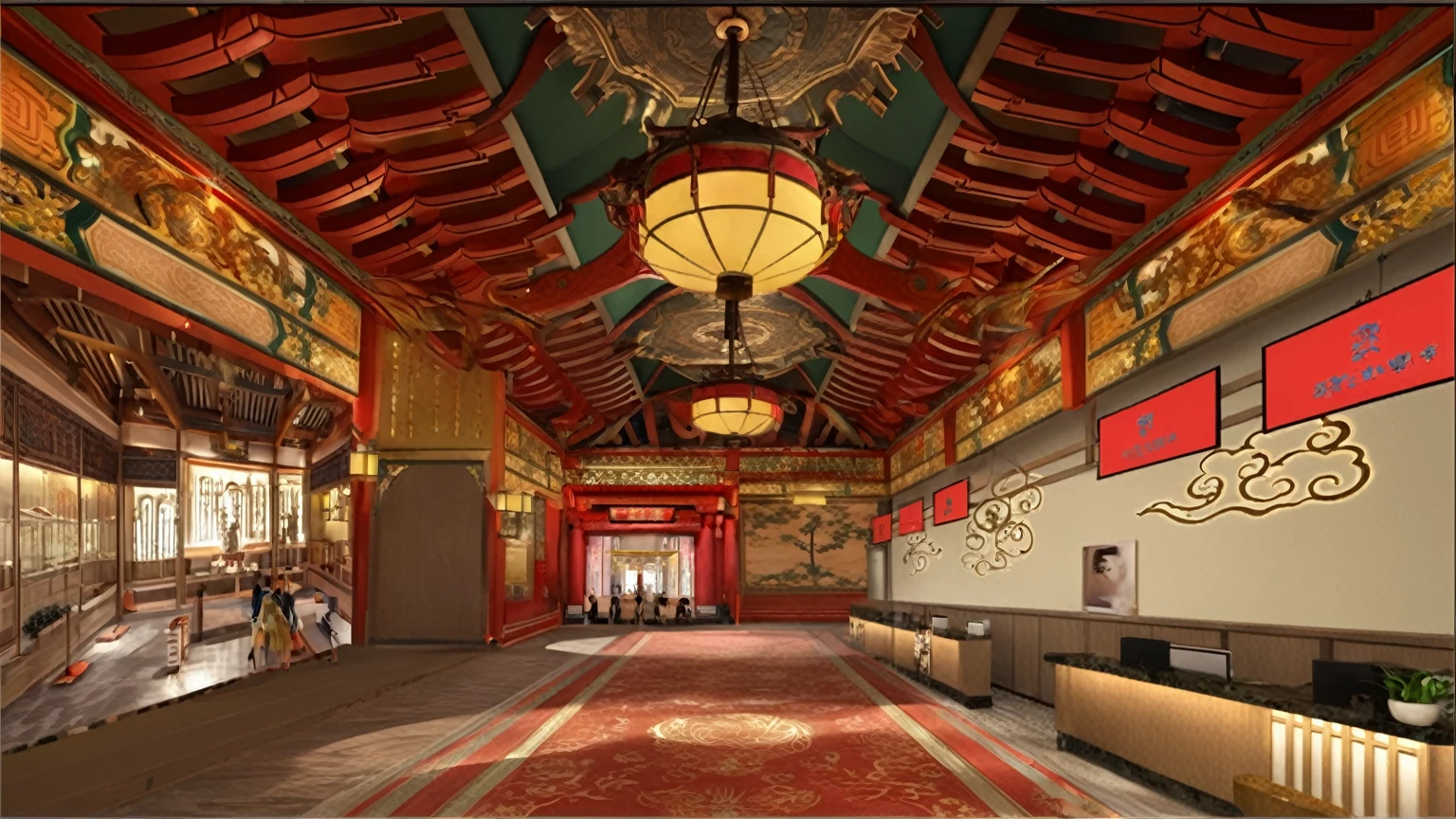 There is a big room，Rolling out the red carpet，There is a clock hanging on the ceiling, Beautiful rendering of the Tang Dynasty, Chinese temple, Inside the fantasy supplier, theater access corridor, amusement park interior design, Oriental Art Nouveau, Inspired by Lu Guang, Chinese, inside a casino, Cora Legend setting, Chinese dragon concept art, CG Rendering, Chinese Architecture