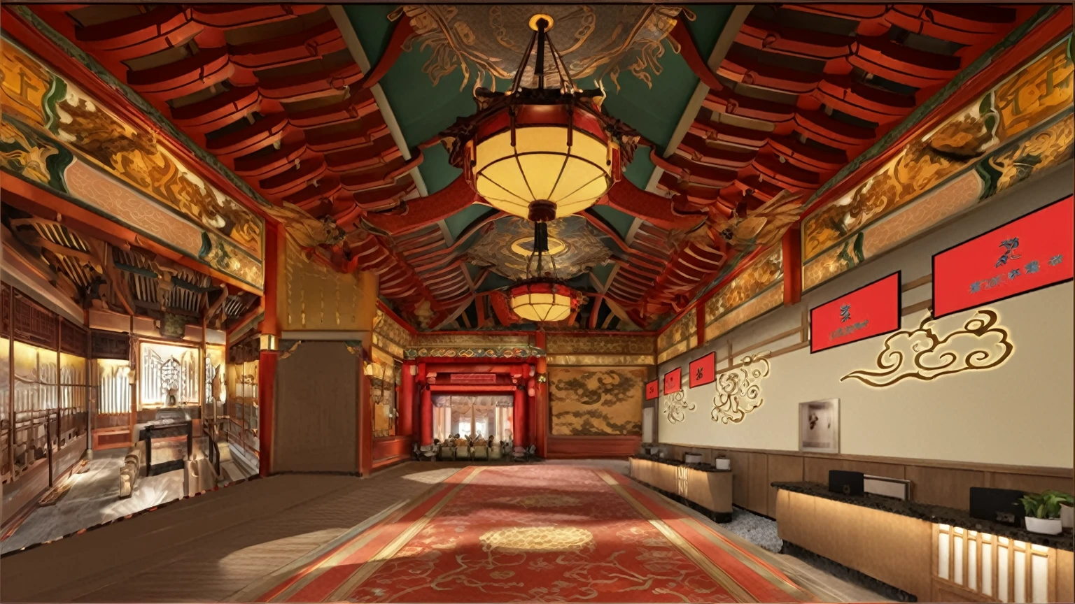 There is a big room，Rolling out the red carpet，There is a clock hanging on the ceiling, Beautiful rendering of the Tang Dynasty, Chinese temple, Inside the fantasy supplier, theater access corridor, amusement park interior design, Oriental Art Nouveau, Inspired by Lu Guang, Chinese, inside a casino, Cora Legend setting, Chinese dragon concept art, CG Rendering, Chinese Architecture