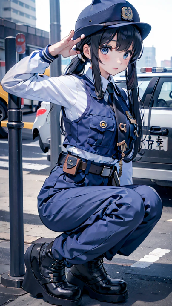 女警girl，girl，Police Uniform，紧身Police Uniform，藏青色Police Uniform，Metropolitan Police Department Helmet，Japanese Metropolitan Police Department clothing，紧身jeans，jeans，Tactical Vest，high-heel boots，boots，Police hat，Police hat，Police badge，City background，Outdoor Background，Street background，警视厅girl，Military dress style，Close-up above the waist镜头，Close-up of upper body，Close-up above the waist